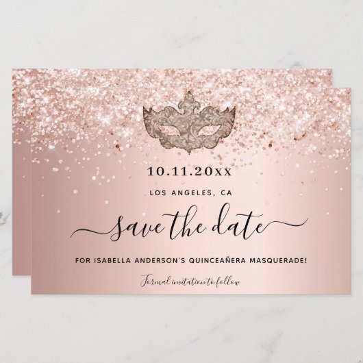 Budget Quinceanera masquerade rose gold carte de r (Devant / Derrière)
