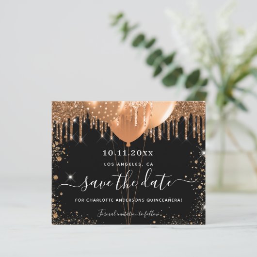 Budget Quinceanera party black gold save the date (Staand voorkant)
