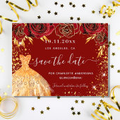 Budget Quinceanera rood gouden jurk save the date