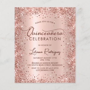 Budget Quinceanera Roos Gold Glitter Uitnodiging