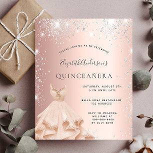 Budget Quinceanera roos Gold glitter uitnodiging