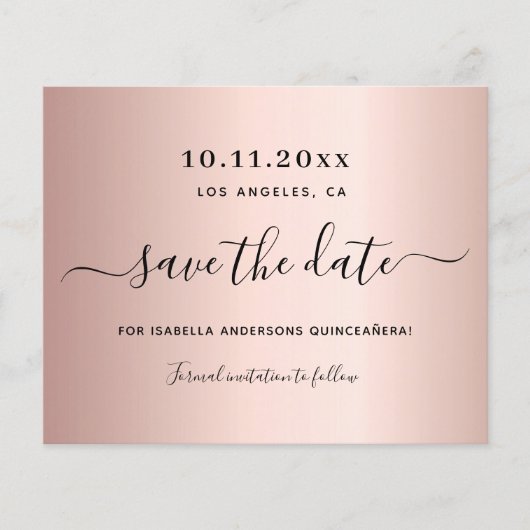 Budget Quinceanera roos gold save the date (Voorkant)