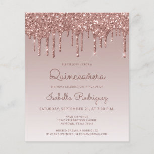 Budget Quinceañera Roze Goud Glitter Uitnodiging