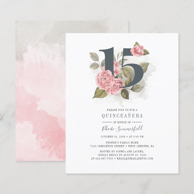 Budget Quinceanera Rustic Sage Green Pink Floral (Voorkant / Achterkant)
