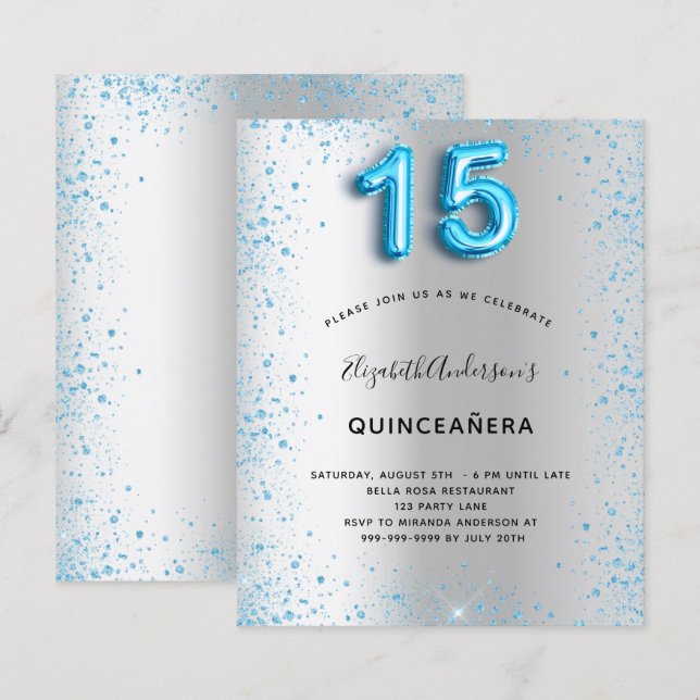 Budget Quinceanera Silver Blauw Glitter-uitnodigin (Voorkant / Achterkant)