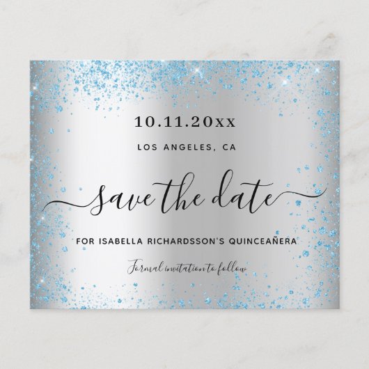 Budget Quinceanera Silver Blue, behalve de datum (Voorkant)