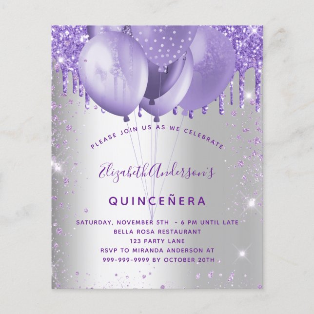 Budget Quinceanera Silver violet-uitnodiging (Voorkant)