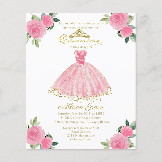 Budget Quinceanera Uitnodiging Gold Hot Pink (Voorkant)