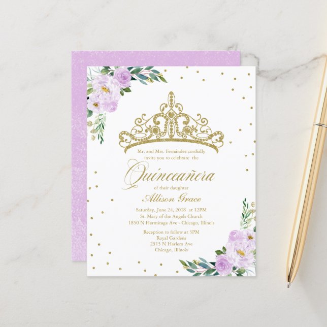 Budget Quinceanera Uitnodiging Gold Tiara (Voorkant / Achterkant in situ)