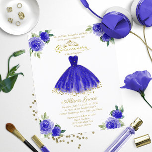 Budget Quinceañera Uitnodiging Goud Koningsblauwe