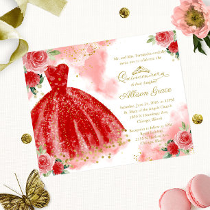 Budget Quinceañera Uitnodiging Goud Rode Jurk
