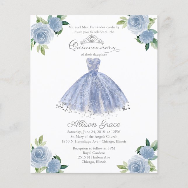 Budget Quinceanera Uitnodiging Licht Blauwe Gang (Voorkant)
