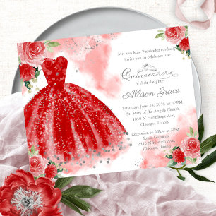 Budget Quinceanera Uitnodiging Silver Red Gown