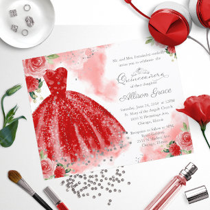 Budget Quinceanera Uitnodiging Silver Red Gown