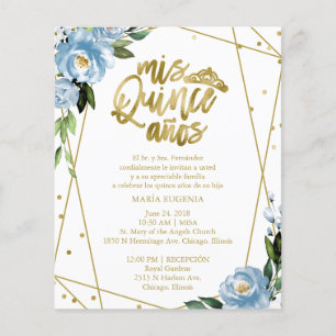 Budget Quinceanera Uitnodiging Spaans Blauw Bloemm