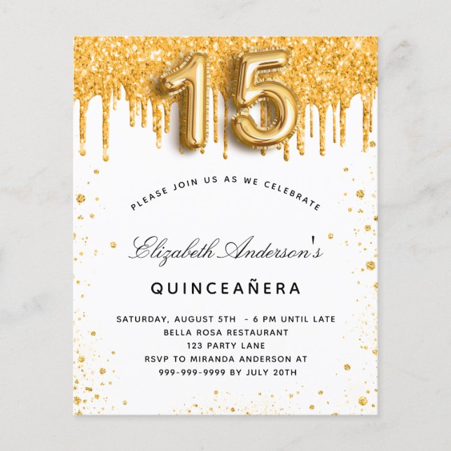 Budget Quinceanera white gold party nodigde (Voorkant)