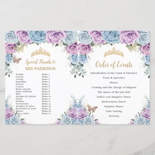 Budget Quinceañera XV Blauw Lila Padrinos Programm (Achterkant)