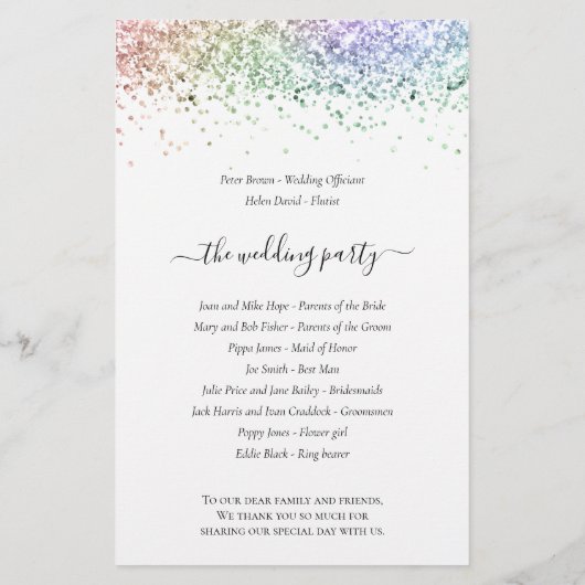 Budget Rainbow Glitter Script Weddenprogramma (Achterkant)