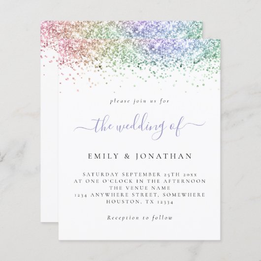 Budget Rainbow Glitter Script Wedding Invite (Voorkant / Achterkant)