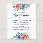 Budget Red Blue Floral Patriottic Afstuderen Invit (Voorkant)