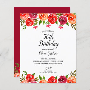 Budget Red Floral Birthday Uitnodigingen