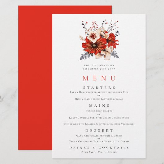Budget Red Florals Foliage Wedding Menu (Voorkant / Achterkant)