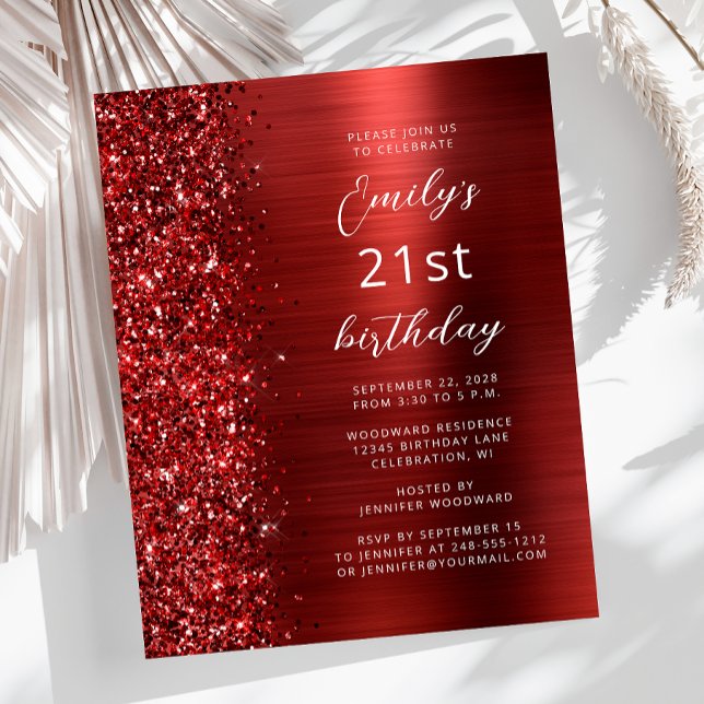 Budget Red Glam Glitter 21st Birthday Invite (Creator heeft geüpload)