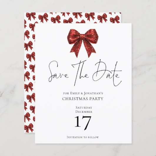 Budget Red Glitter Bow Kerstmis Save the Date (Voorkant / Achterkant)