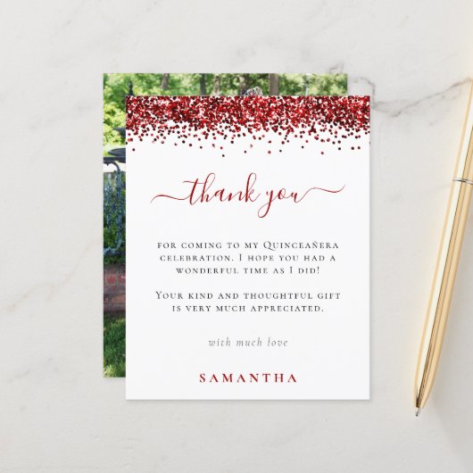 Budget Red Glitter Foto Quinceanera Dank u (Voorkant / Achterkant in situ)