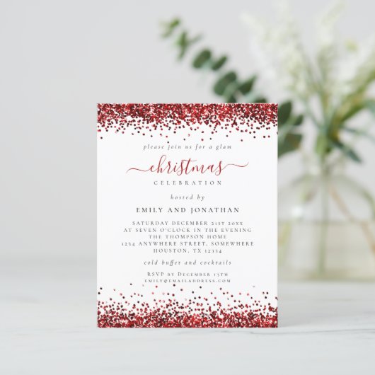 Budget Red Glitter-kerstfeest White Uitnodiging (Staand voorkant)