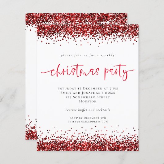 Budget Red Glitter Script Kerstparty nodigt uit (Voorkant / Achterkant)