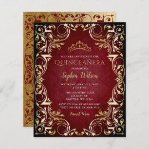 Budget Red Gold Tiara Quinceañera Uitnodiging