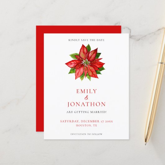 Budget Red Poinsettia Wedding Save the Date (Voorkant / Achterkant in situ)