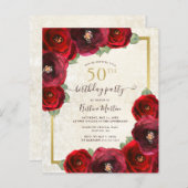 Budget Red Rose Floral 50th Birthday Party Invite (Voorkant / Achterkant)