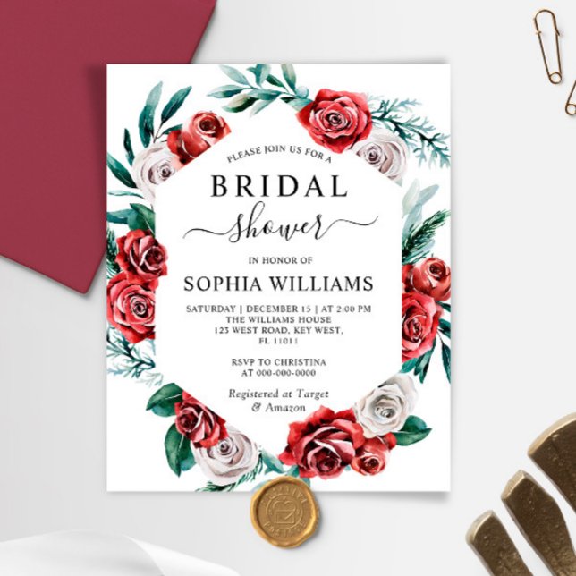 Budget Red Rose & Green Bridal Shower Invitation (Creator heeft geüpload)