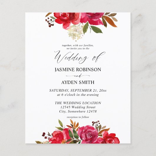 Budget Red Rose & White Floral 3 Wedding Flyer (Voorkant)