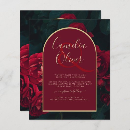 BUDGET Red Roses ForestGreen Winter Wedding INVITE (Voorkant / Achterkant)