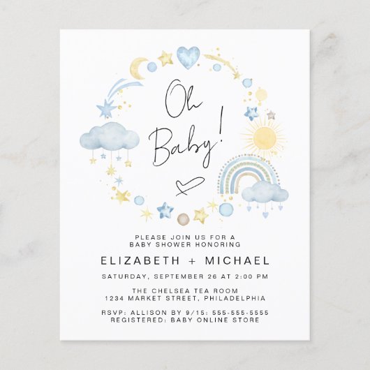 Budget regenboog baby jongen koppels douche uitnod (Voorkant)