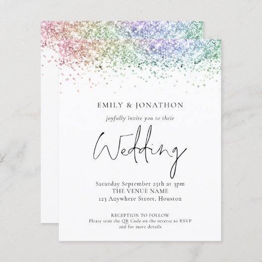 Budget regenbooglitter QR Code Weddenschap Uitnodi (Voorkant / Achterkant)