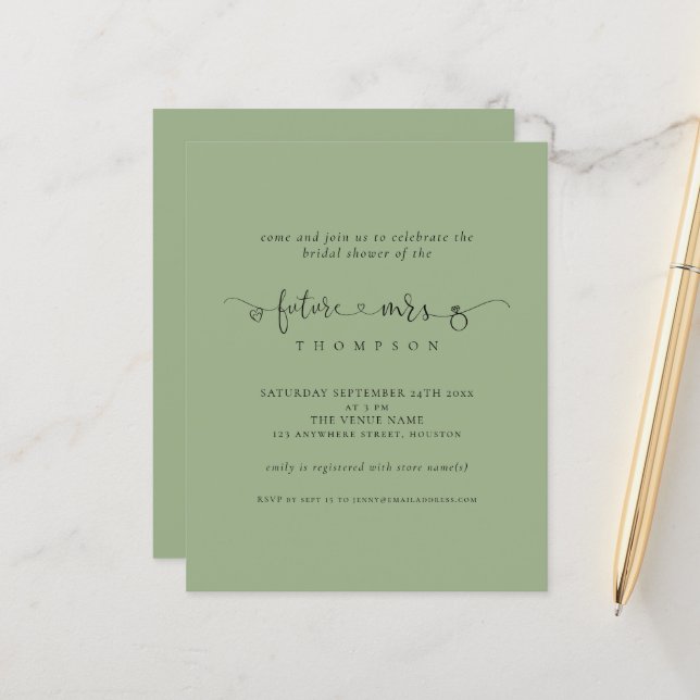 Budget Ring Future Mrs Bridal Sage Shower Invite (Voorkant / Achterkant in situ)