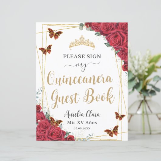 Budget Rode Rozen Quinceanera Verjaardag Gastboek (Staand voorkant)