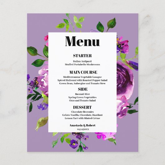 Budget Romantic Paars Floral Menu Kaart (Voorkant)