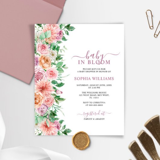 Budget Romantic Roos Flower Baby shower Invitation