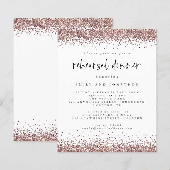 Budget Roos Glitter White Rehearsal Dinner Invite (Voorkant / Achterkant)