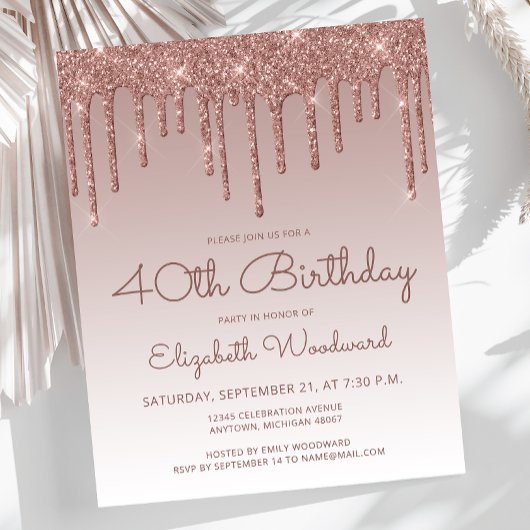 Budget Roos Gold 40th Birthday Party Invitation