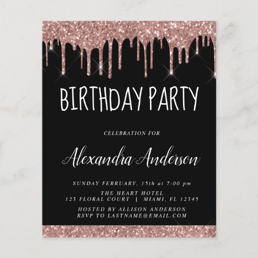 Budget Roos Gold Black Glitter Birthday Flyer (Voorkant)