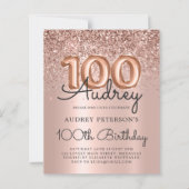 Budget Roos Gold Glitter 100e Verjaardag Uitnodige (Voorkant)
