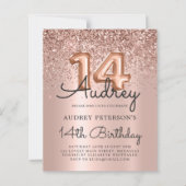 Budget Roos Gold Glitter 14e verjaardag Uitnodigin (Voorkant)