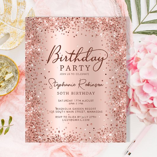 Budget Roos Gold Glitter 50th Birthday Invitation