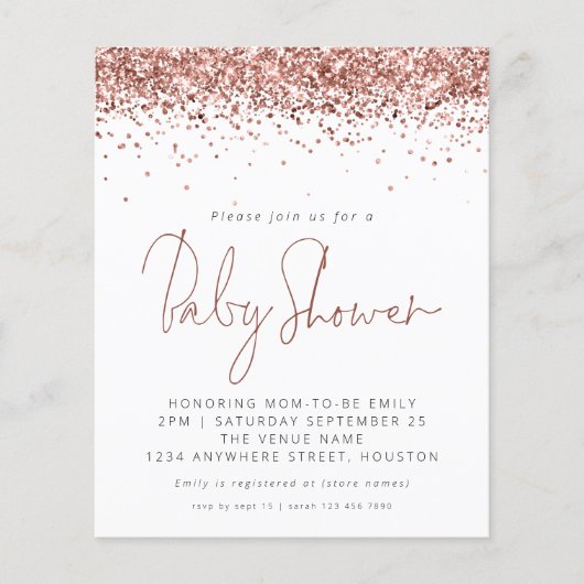 Budget Roos Gold Glitter Baby shower Uitnodigen (Voorkant)
